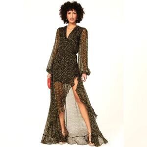 Caroline Constas Vivian Winter Rose 100% Silk V-Neck Ruffles Gown Size Small